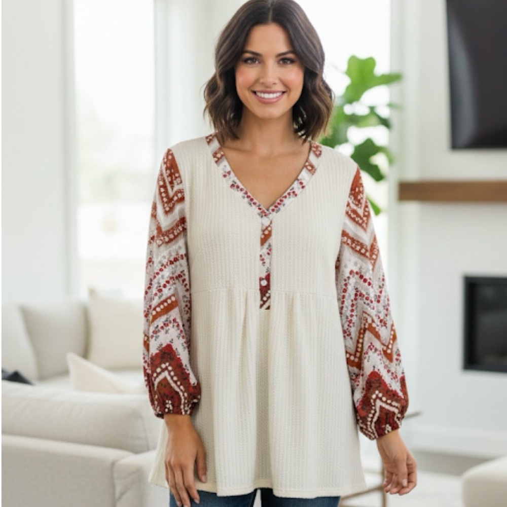 Bohemian-style Thermal Tunic Knit Top, Women’s M, White Brown Red Pink